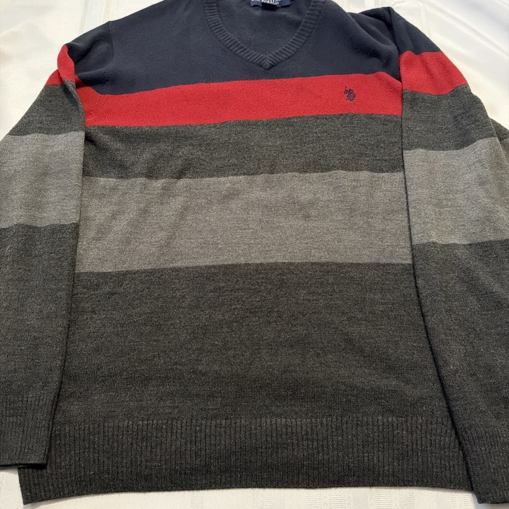 US Polo Assn Mens XL V-Neck Sweater Navy Blue Red Gray Striped BVUS45242